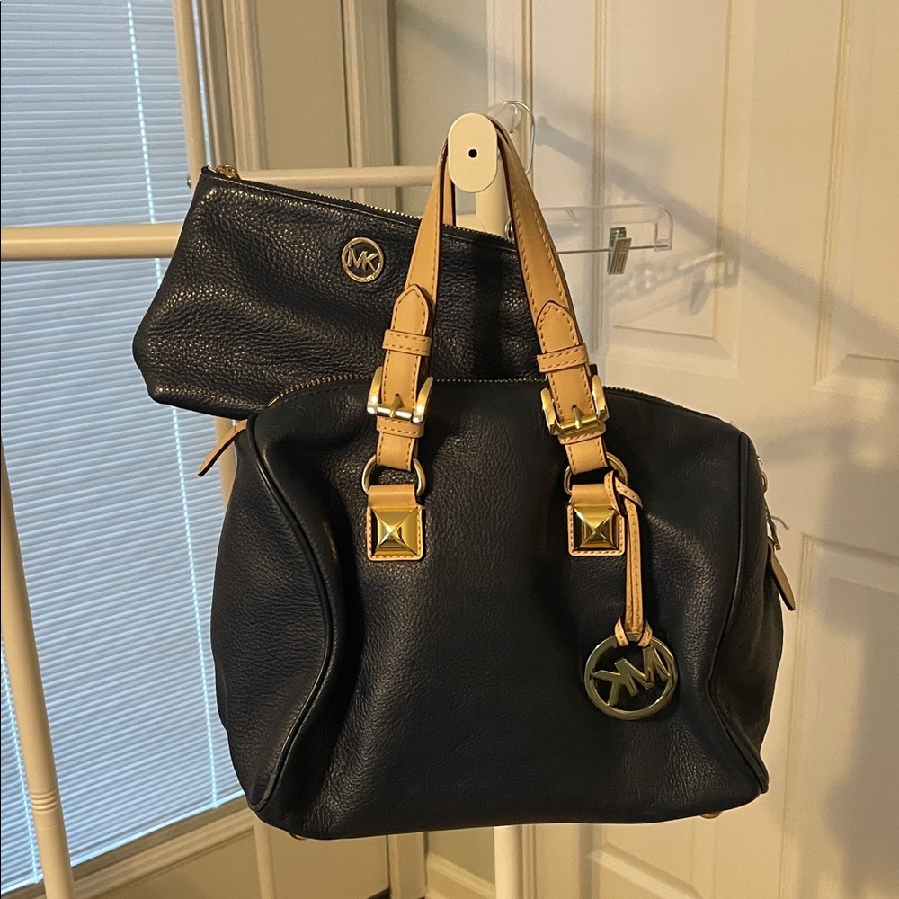 Michael Kors Navy and Tan Satchel with Pouch